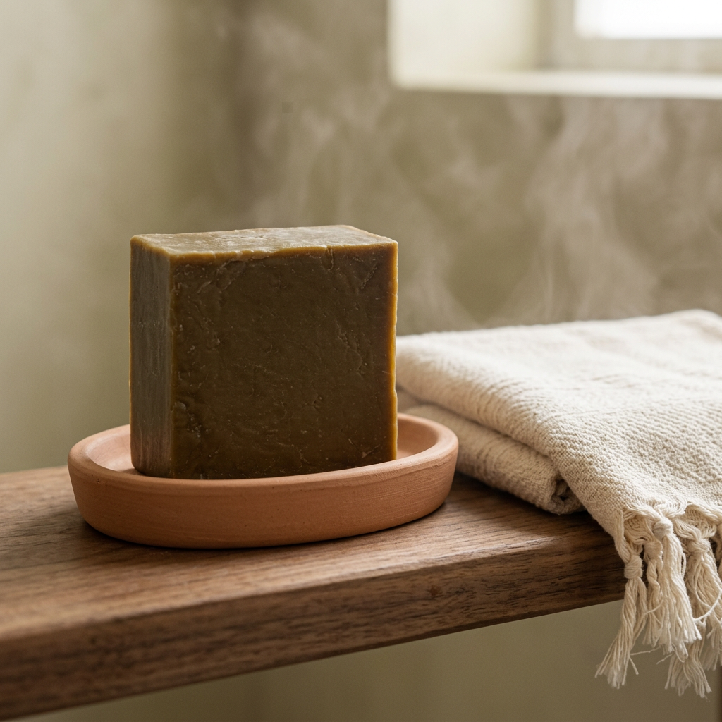 Avlia laurel shampoo bar on a ceramic dish beside a folded peshtemal towel, bathroom shelf styling.