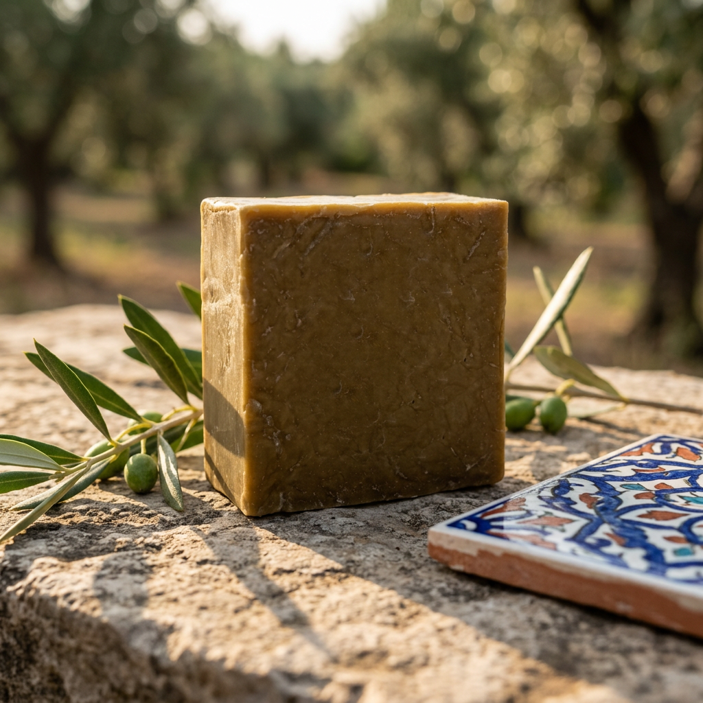 Avlia laurel shampoo bar on stone with an olive branch, Anatolian outdoor styling.