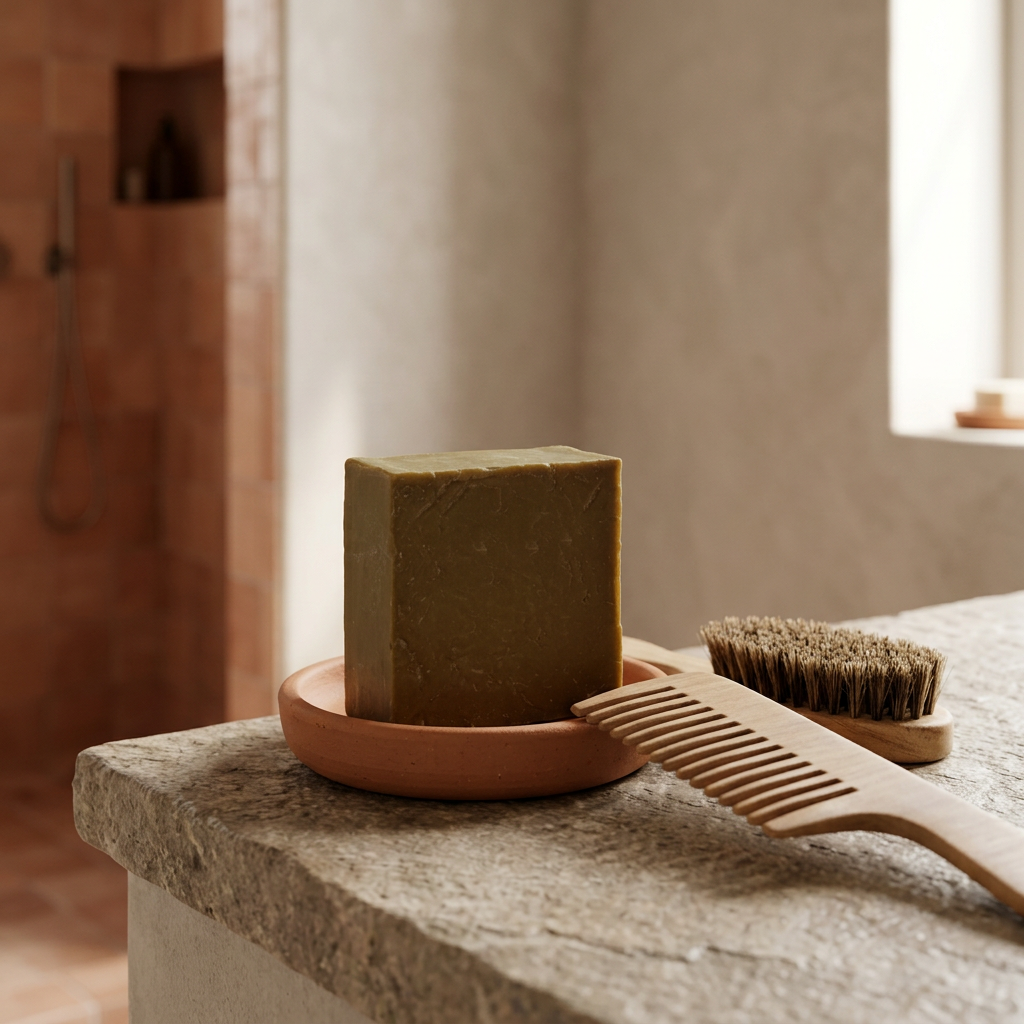 Avlia laurel shampoo bar styled with a wooden comb and brush, hair-care counter scene.