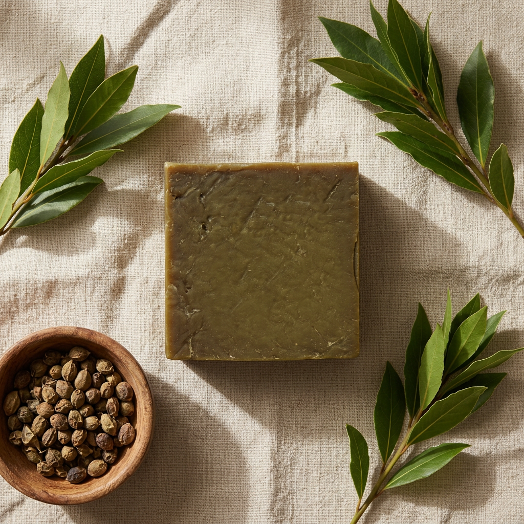 Avlia laurel shampoo bar surrounded by laurel berries and fresh bay leaves on linen, ingredient story flatlay.