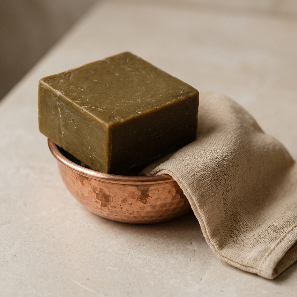 Avlia laurel shampoo bar with copper hammam bowl and kese mitt, traditional bath styling.