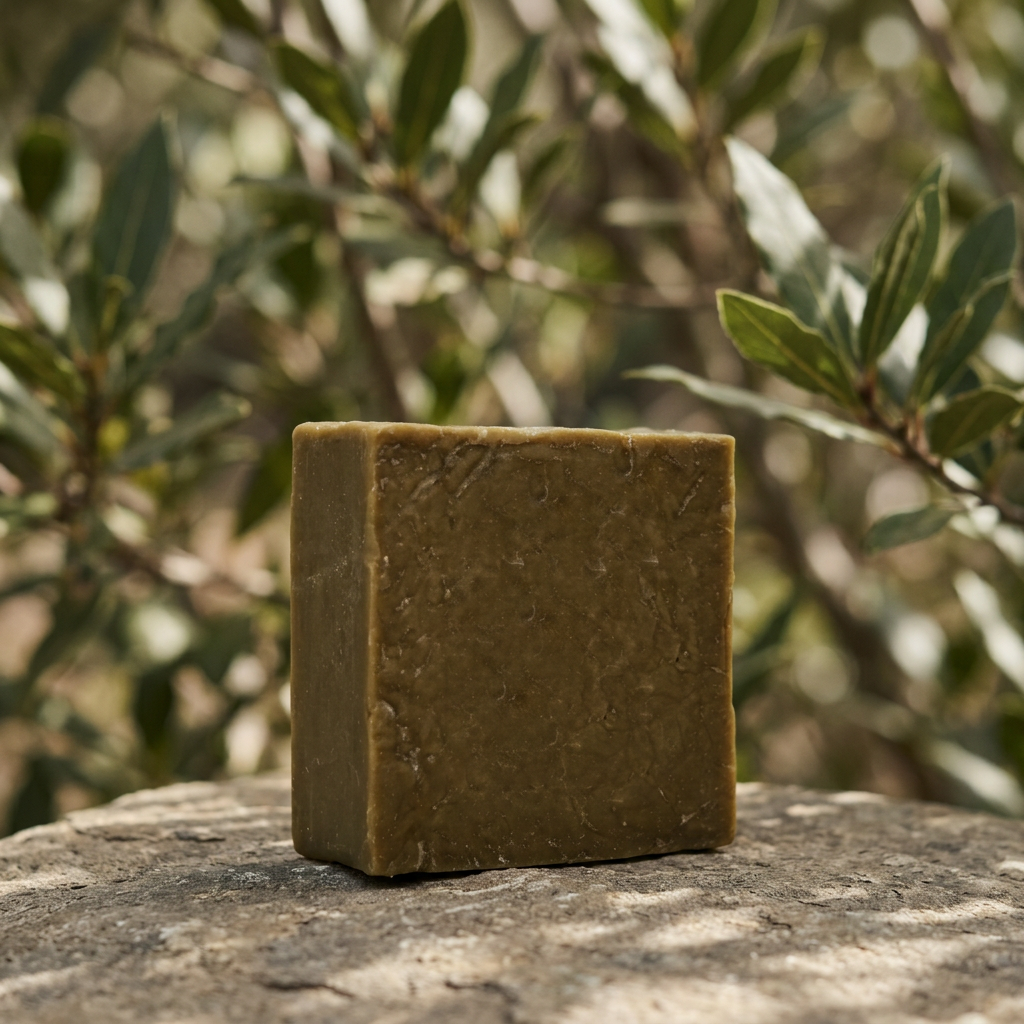 Avlia laurel shampoo bar with laurel tree branches softly blurred in the background, origin story shot.