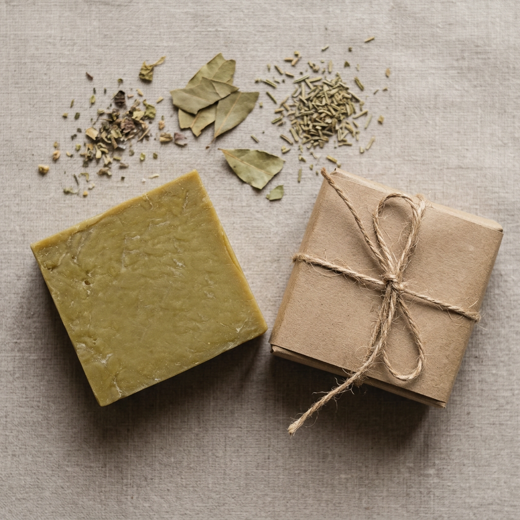Avlia laurel shampoo bar with plain kraft wrap and jute twine, minimal packaging flatlay.