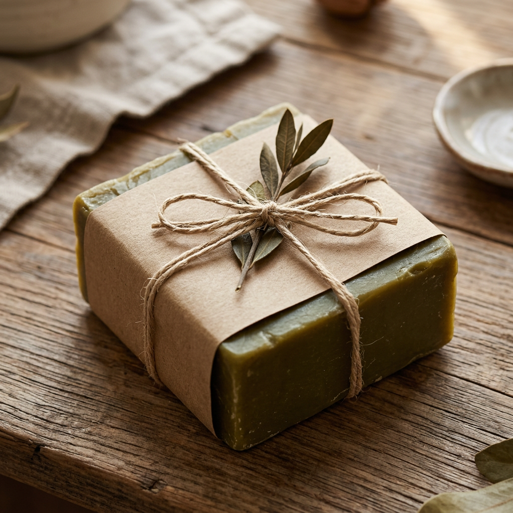 Avlia laurel shampoo bar wrapped as a simple kraft-paper gift with dried laurel sprig.