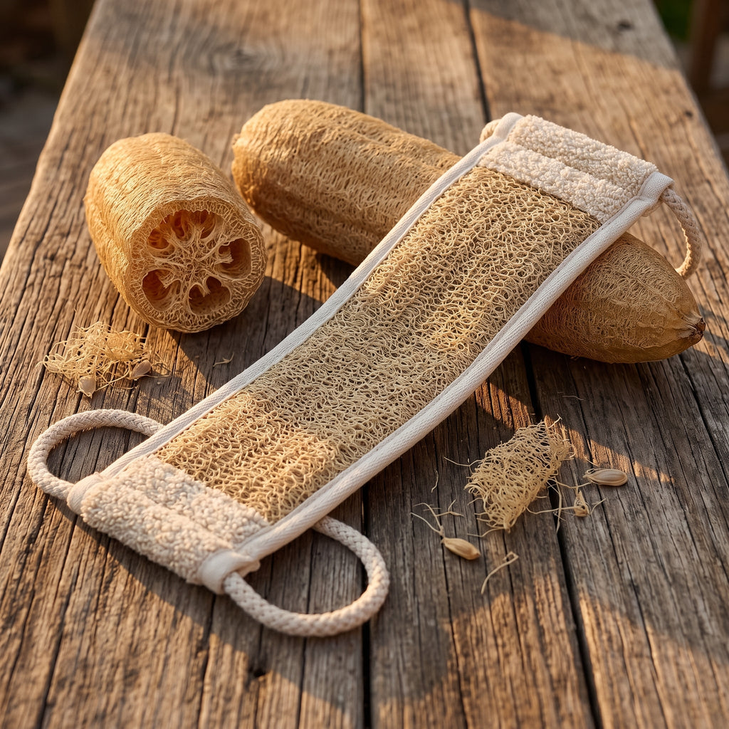 Avlia luffa back strap on a weathered wooden table beside whole and cut-open dried luffa gourds, showing the raw plant fibre it is made from