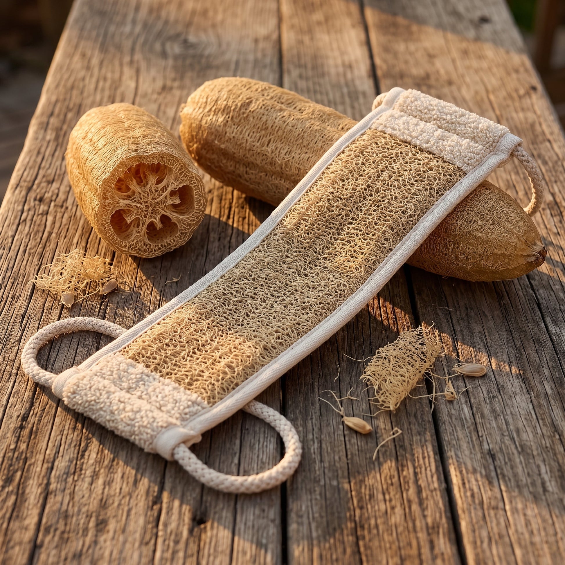 Avlia luffa back strap on a weathered wooden table beside whole and cut-open dried luffa gourds, showing the raw plant fibre it is made from
