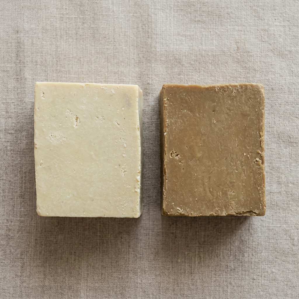 Avlia wild pistachio soap beside a laurel Aleppo-style bar, showing two distinct Anatolian traditions.