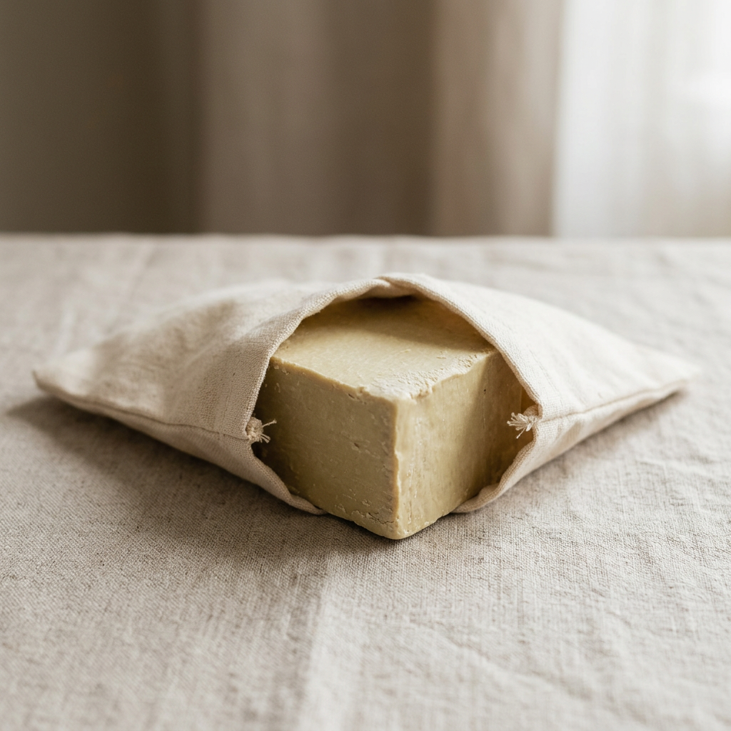 Avlia wild pistachio soap in a travel canvas pouch, minimalist wellness styling.