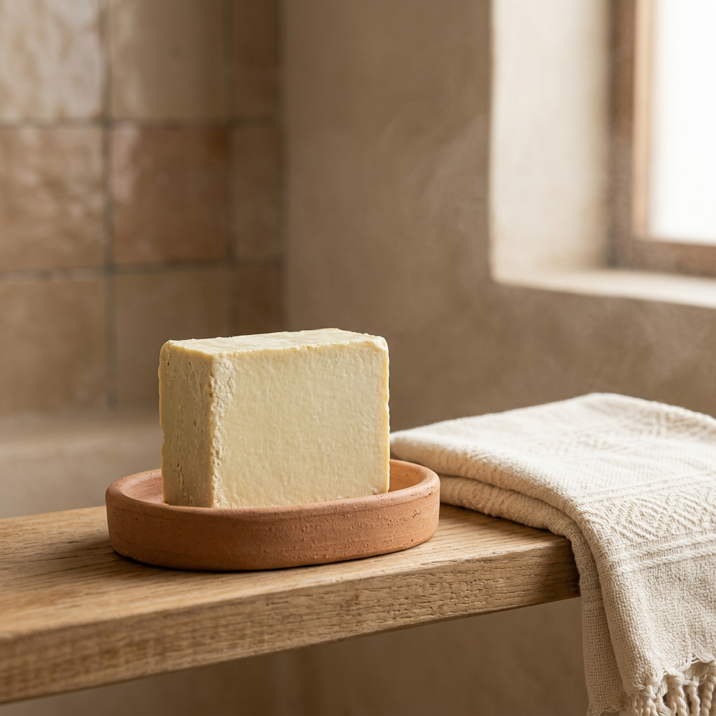 Avlia wild pistachio soap on a ceramic dish beside a folded peshtemal towel, bathroom shelf styling.