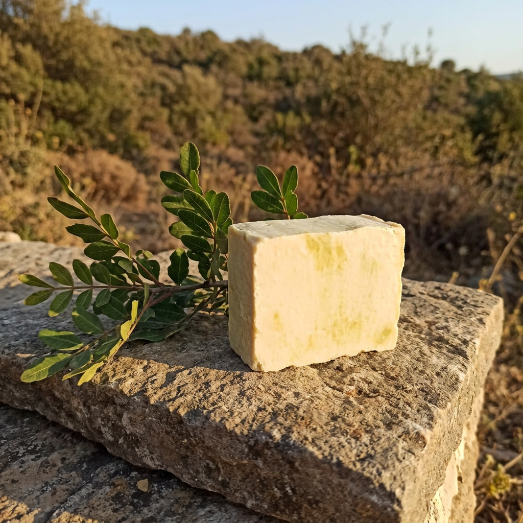 Avlia wild pistachio soap on stone with a terebinth branch, Anatolian hillside styling.
