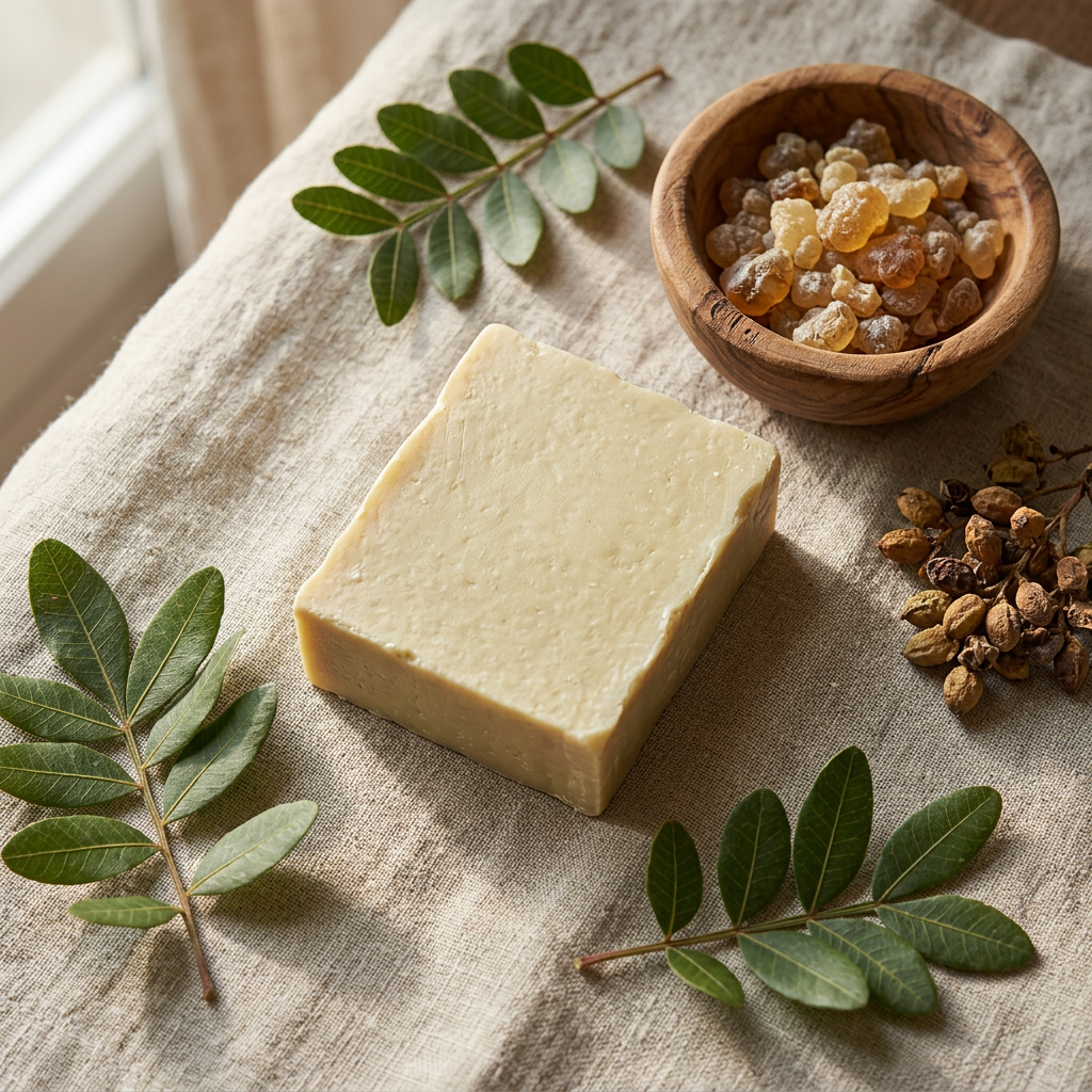 Avlia wild pistachio soap surrounded by terebinth branches and fruit on linen, ingredient story flatlay.