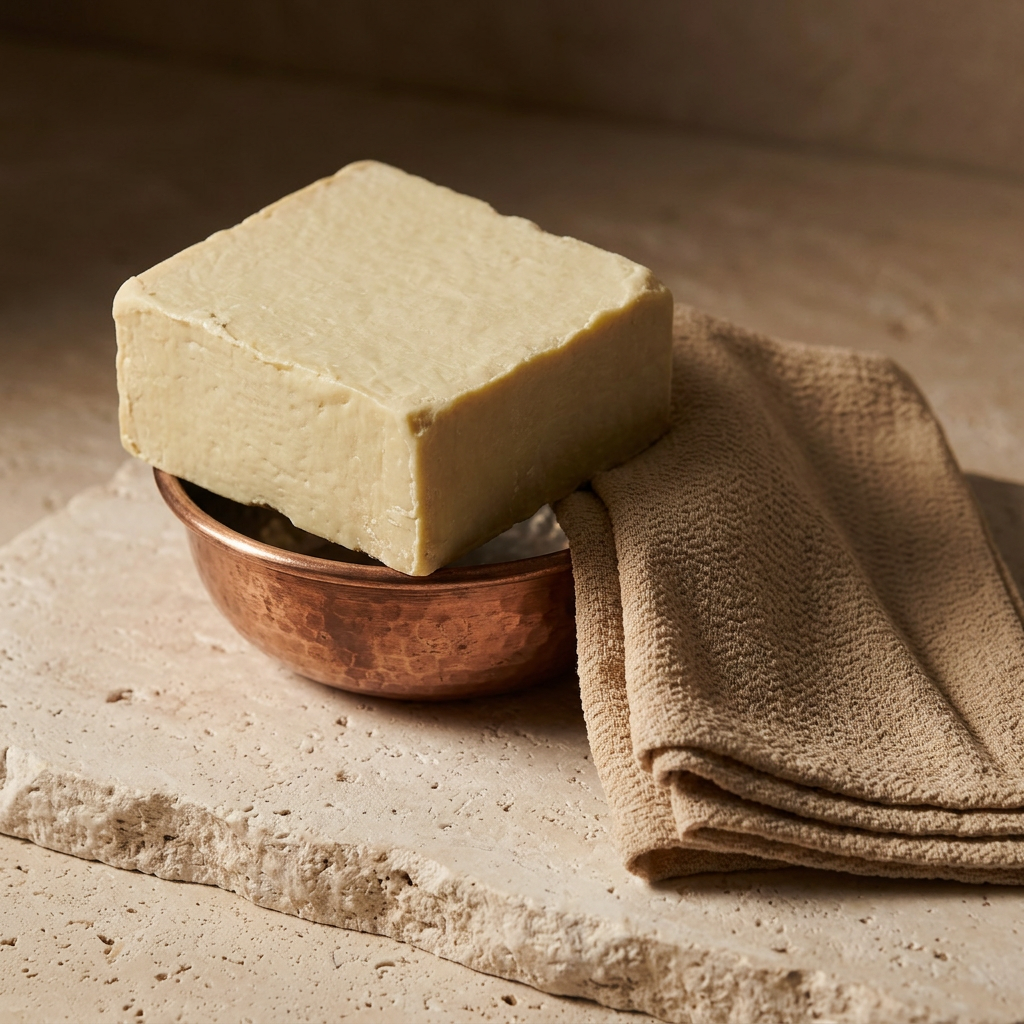 Avlia wild pistachio soap with copper hammam bowl and kese mitt, traditional bath styling.