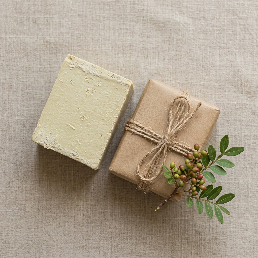 Avlia wild pistachio soap with plain kraft wrap and jute twine, minimal packaging flatlay.