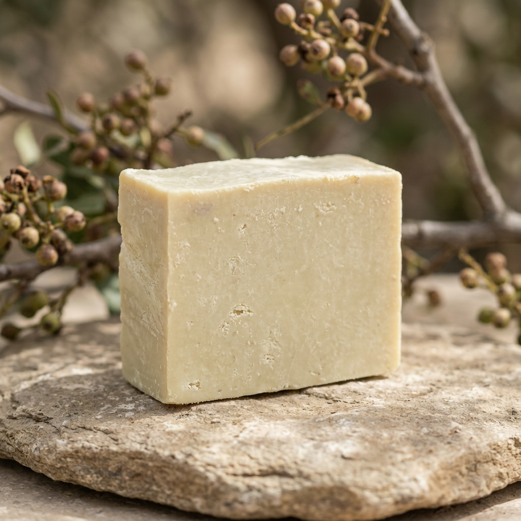Avlia wild pistachio soap with terebinth tree branches softly blurred in the background, origin story shot.