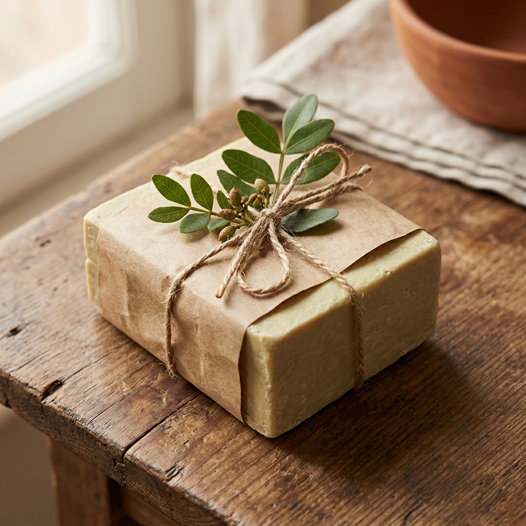 Avlia wild pistachio soap wrapped as a simple kraft-paper gift with a terebinth sprig.
