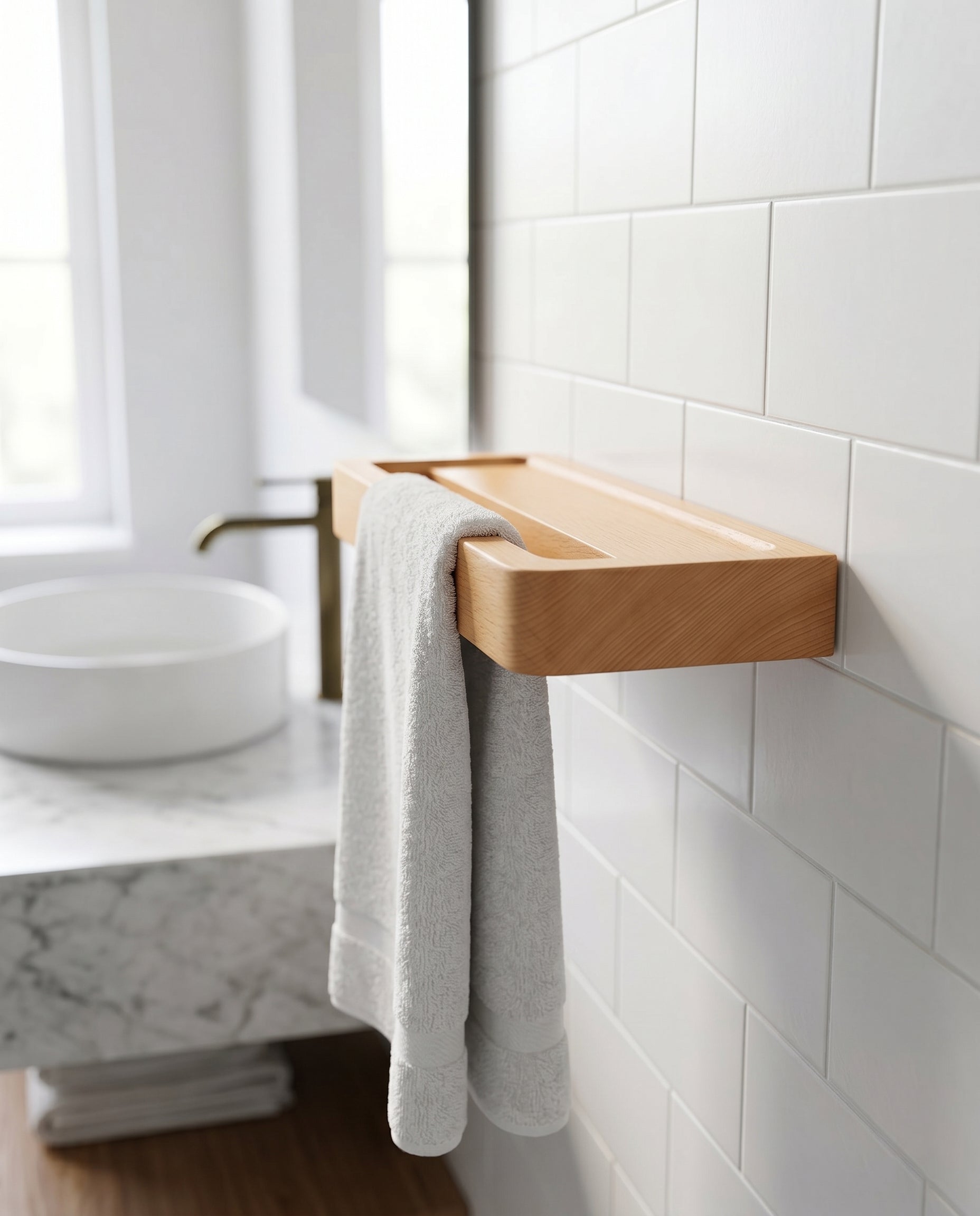 Avlia beechwood towel shelf wall-mounted in minimalist white bathroom, white cotton hand towel threaded through slot and hanging below floating shelf, natural wood CNC bathroom