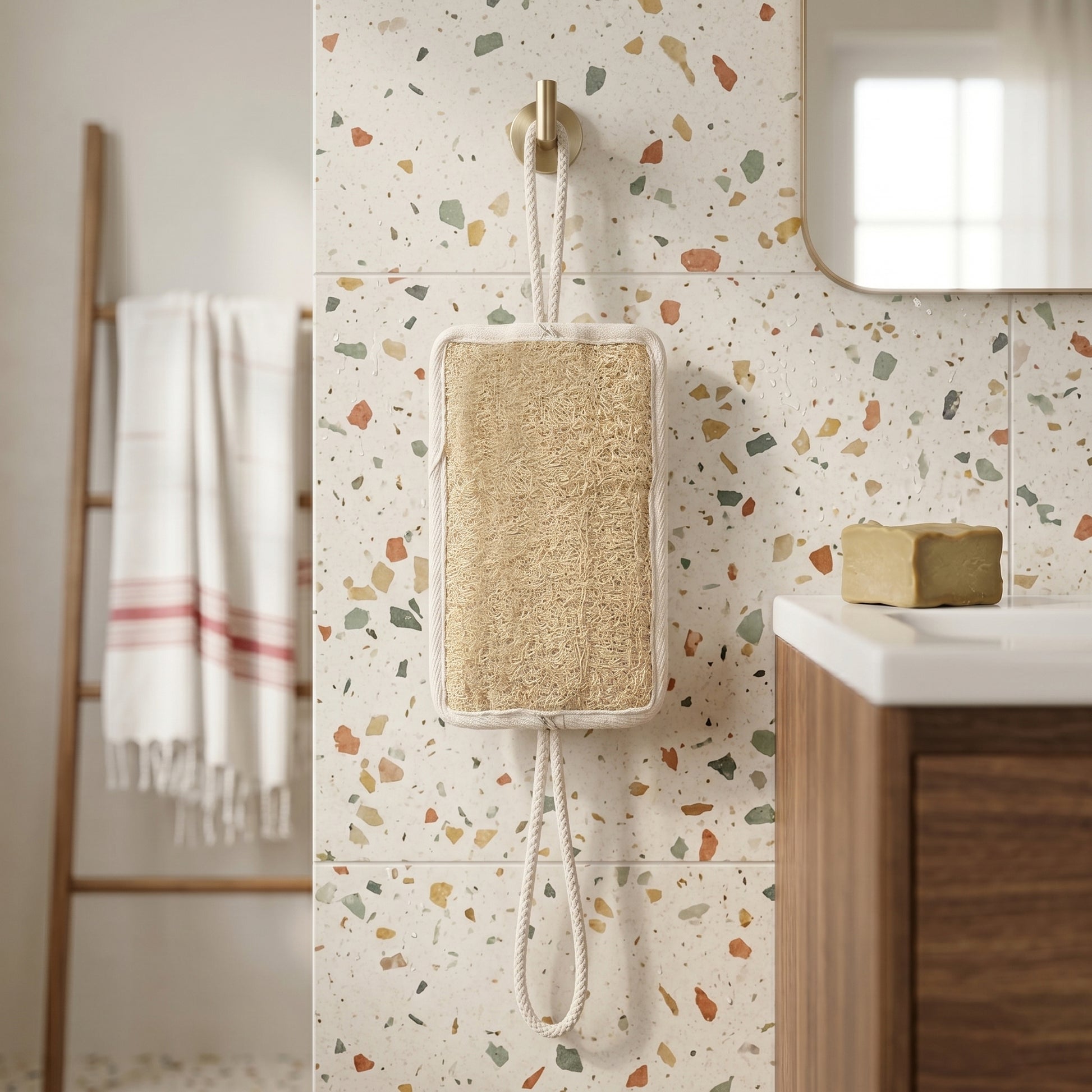 Avlia loofah back scrubber hanging by its cotton cord straps in modern bathroom, drying after use, lifestyle eco-spa shot