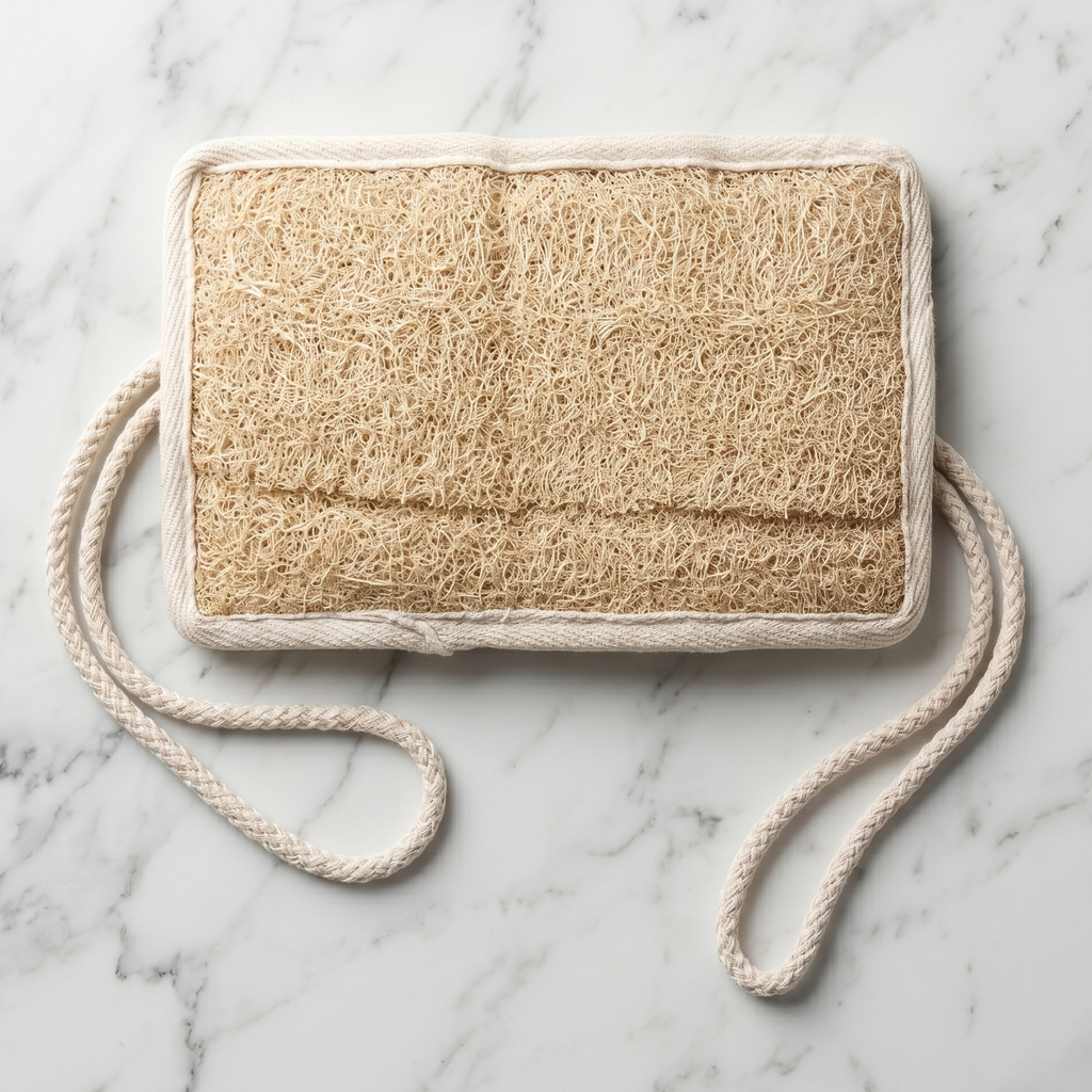 Avlia natural loofah back scrubber on white marble, rectangular Luffa aegyptiaca pad with two cotton cord straps, hero shot