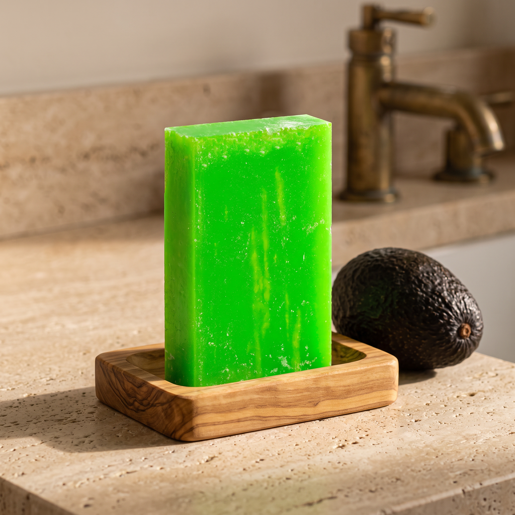 Avocado Oil Soap Bar in an olive wood soap dish beside a whole avocado on a stone vanity