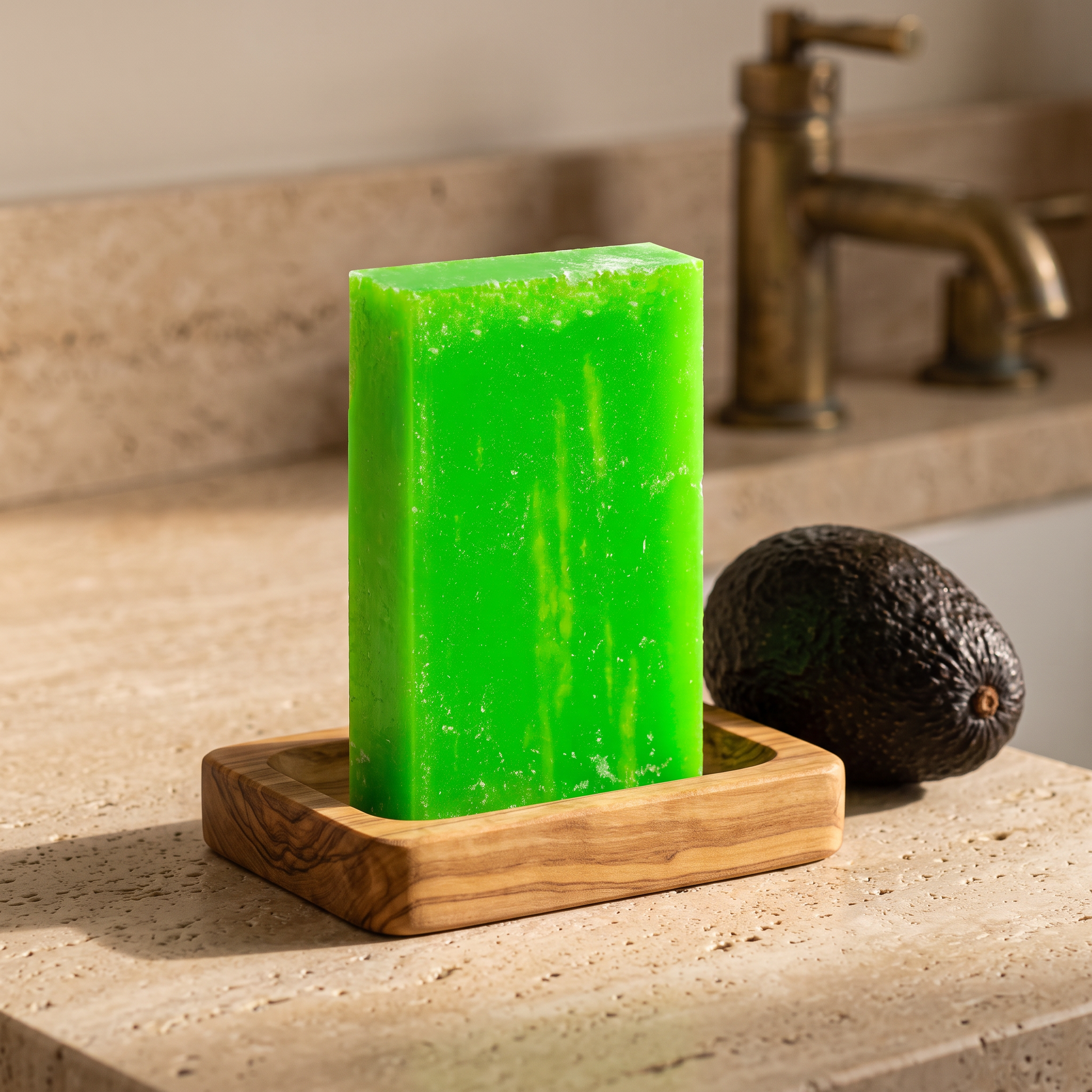 Avocado Oil Soap Bar in an olive wood soap dish beside a whole avocado on a stone vanity