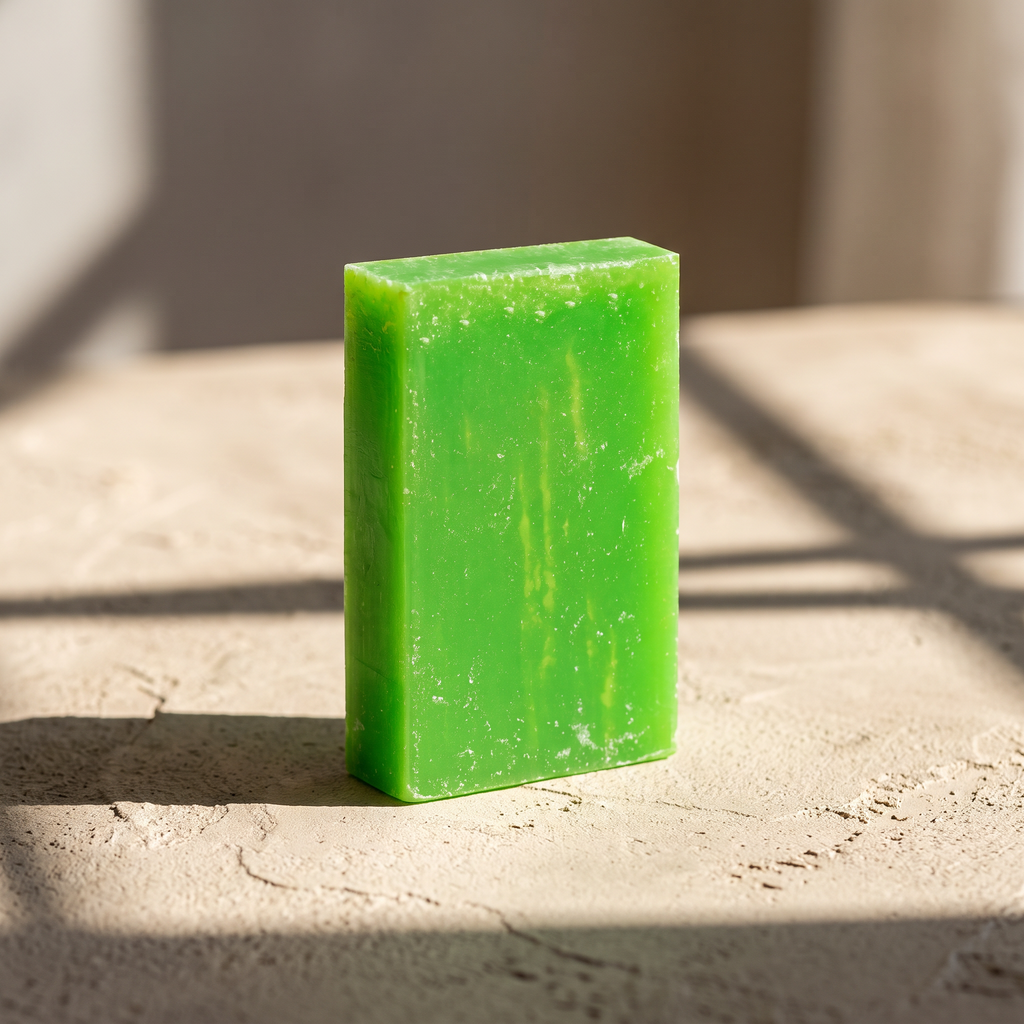 Avocado Oil Soap Bar in hard afternoon sunlight on sand plaster, cut by geometric window shadows