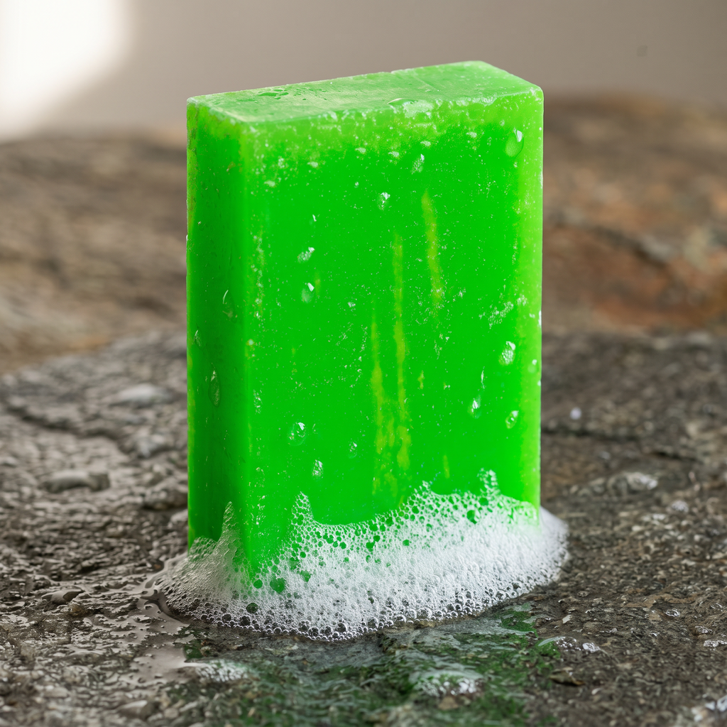 Avocado Oil Soap Bar lathering on wet grey stone with dense white foam along one edge