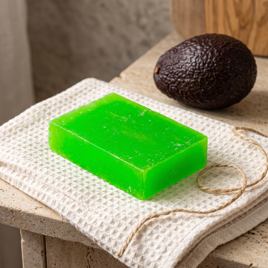 Avocado Oil Soap Bar on a folded cotton waffle towel with a loop of jute twine, styled as a gift