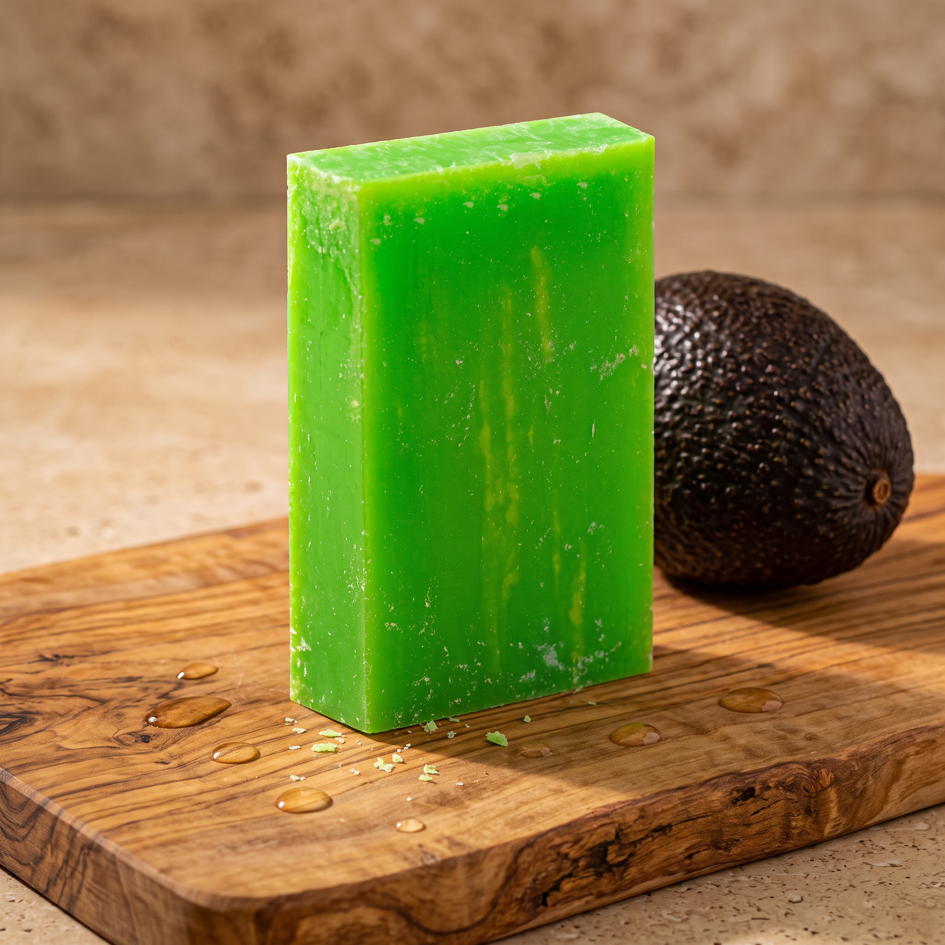 Avocado Oil Soap Bar on a rustic olive wood board with water droplets across the grain