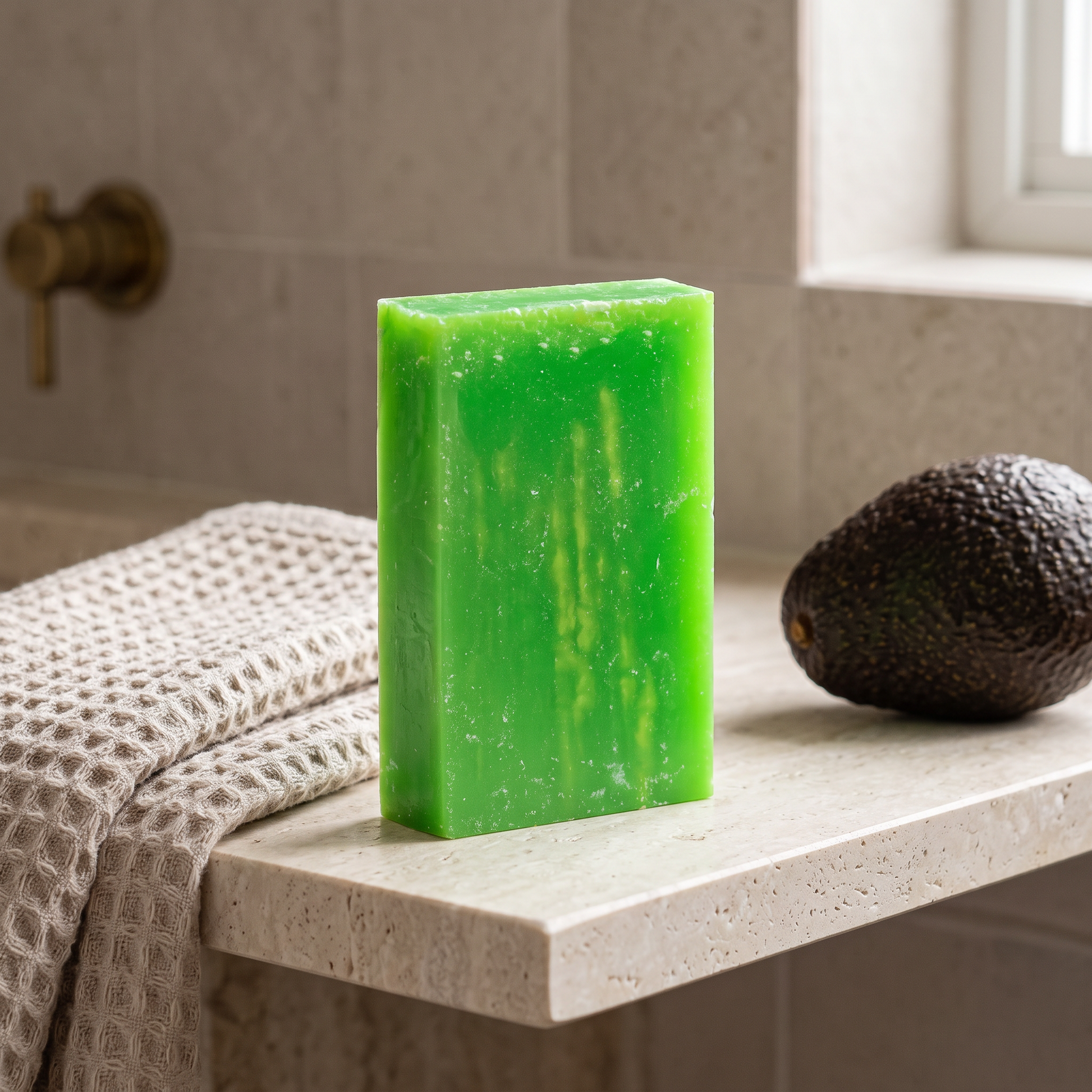 Avocado Oil Soap Bar on a stone bathroom shelf beside a folded waffle cotton towel