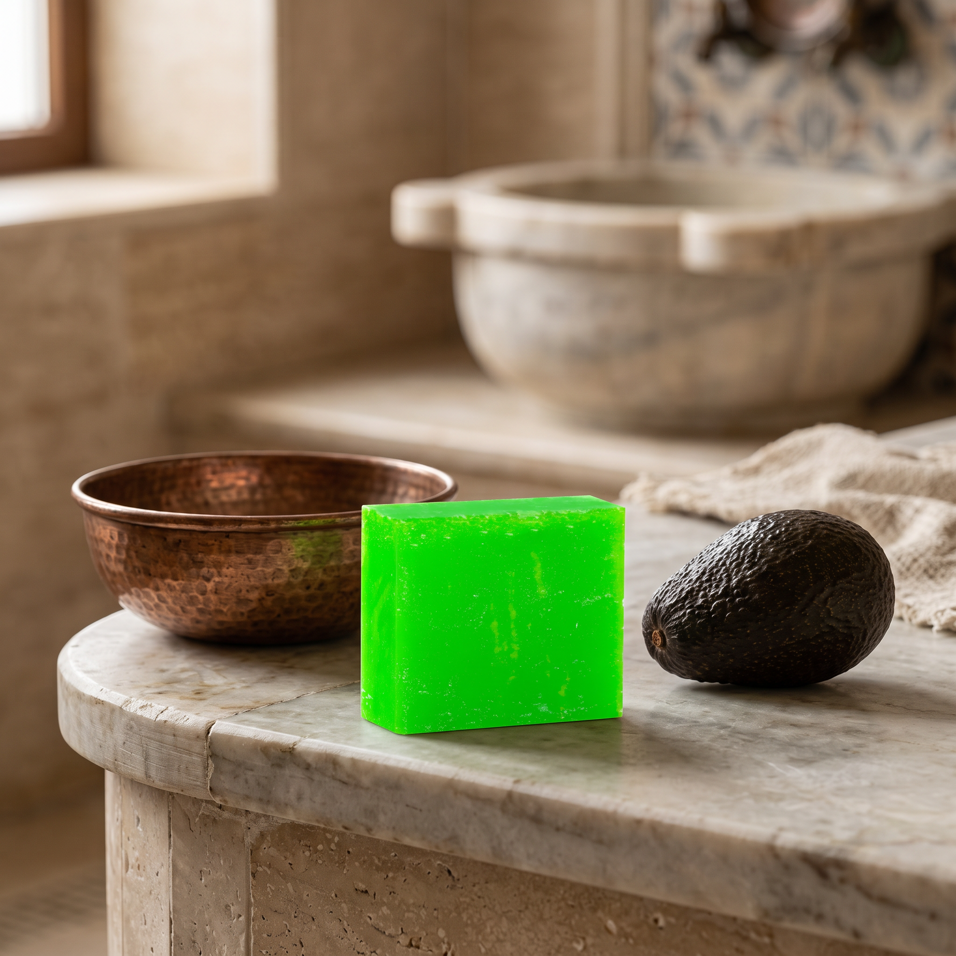 Avocado Oil Soap Bar on the marble edge of a Turkish hammam basin with a hammered copper bowl