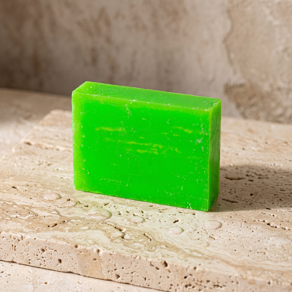 Avocado Oil Soap Bar resting on a travertine stone slab scattered with water droplets