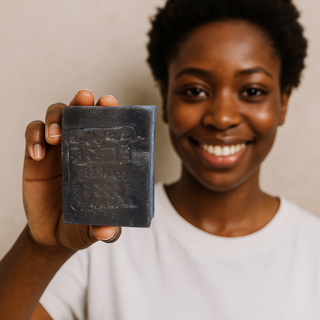 Black Woman holding 50% laurel oil Aleppo soap by Avlia