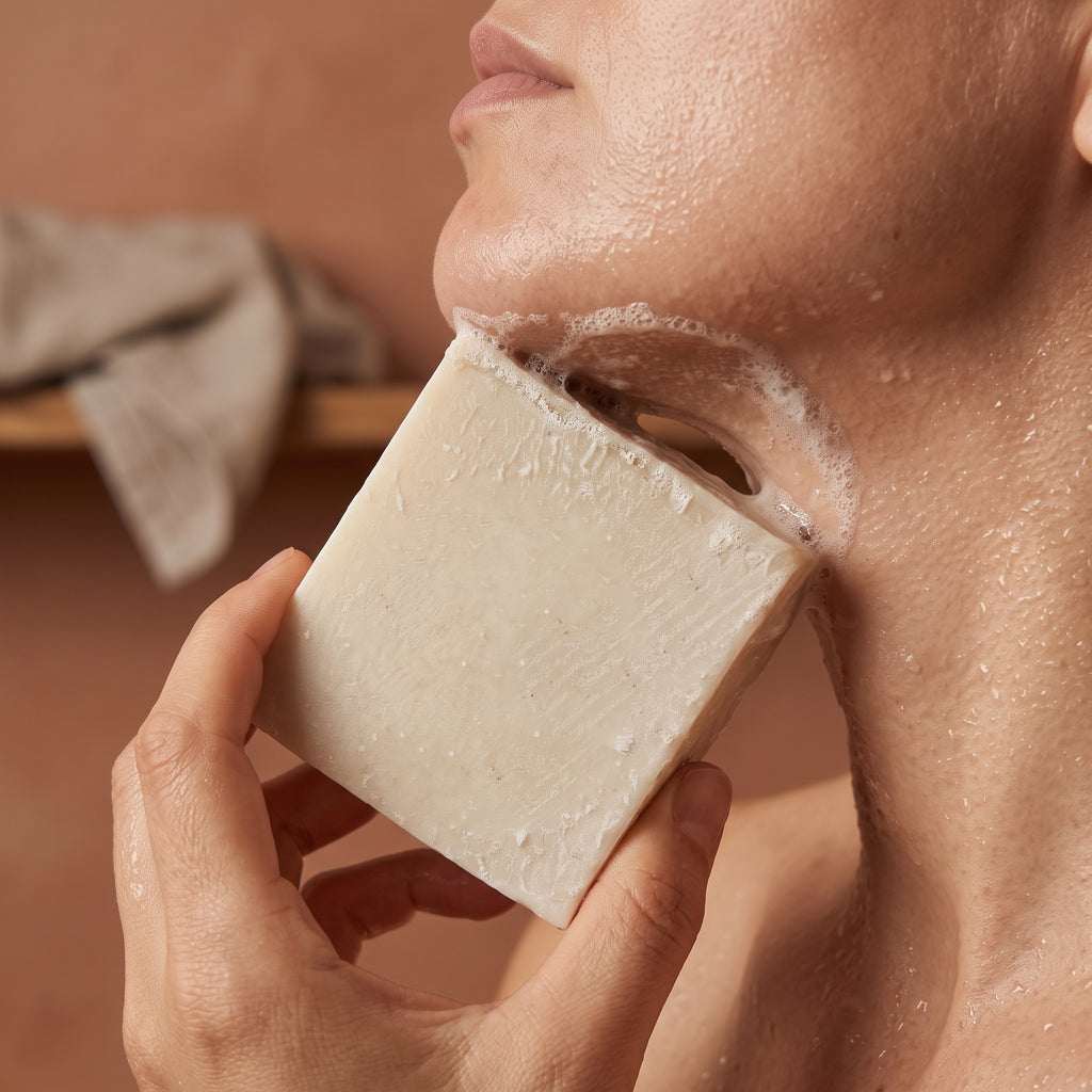 Close-up of the Avlia donkey milk bar being drawn across wet skin, creamy lather forming.