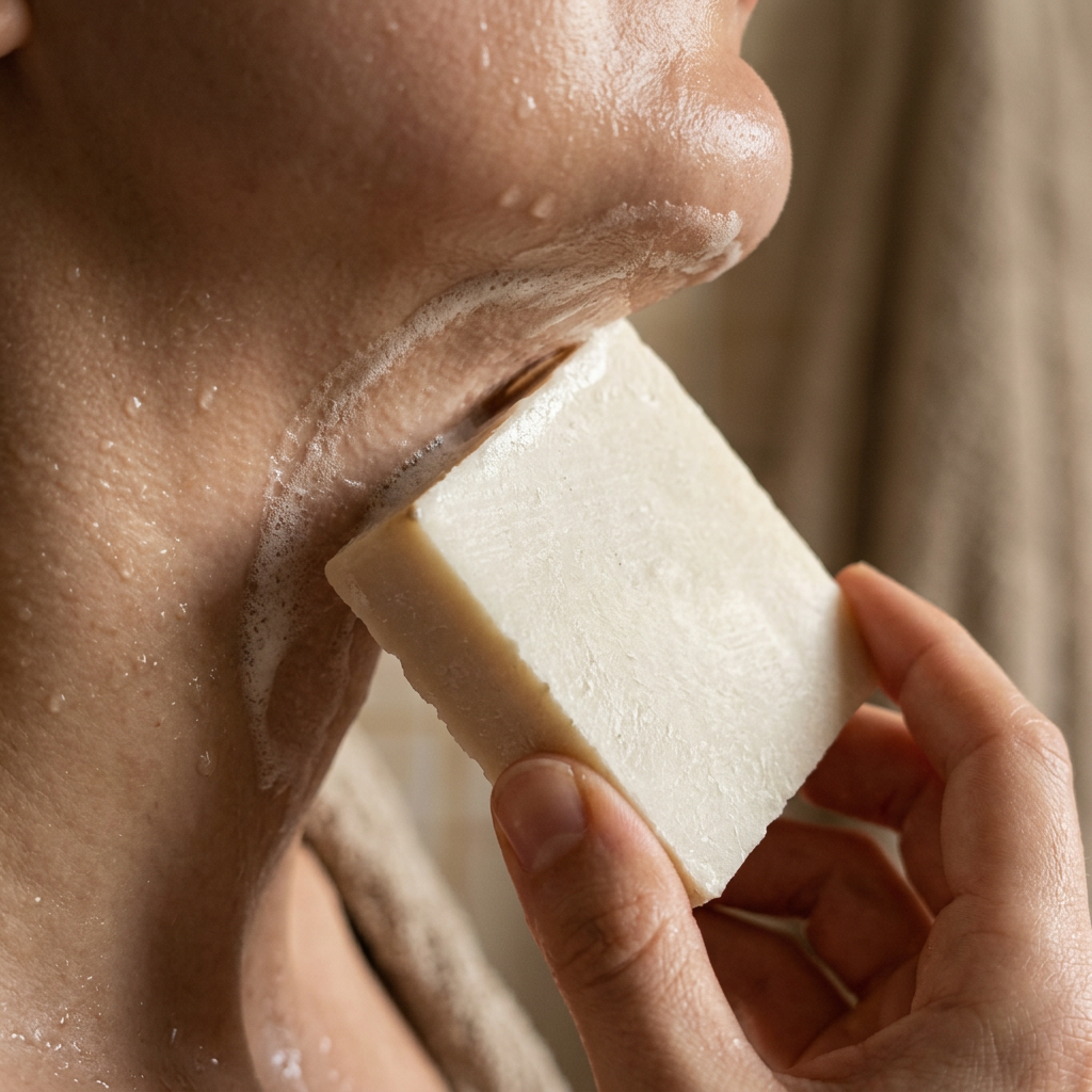 Close-up of the Avlia goat milk bar being drawn across wet skin, creamy lather forming.