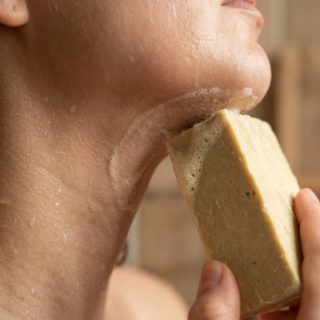 Close-up of the Avlia wild pistachio bar being drawn across wet skin, lather forming.