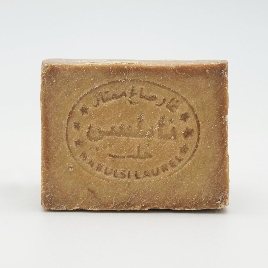 Close-up of Avlia Nablus soap bar showing the texture of pure olive oil soap