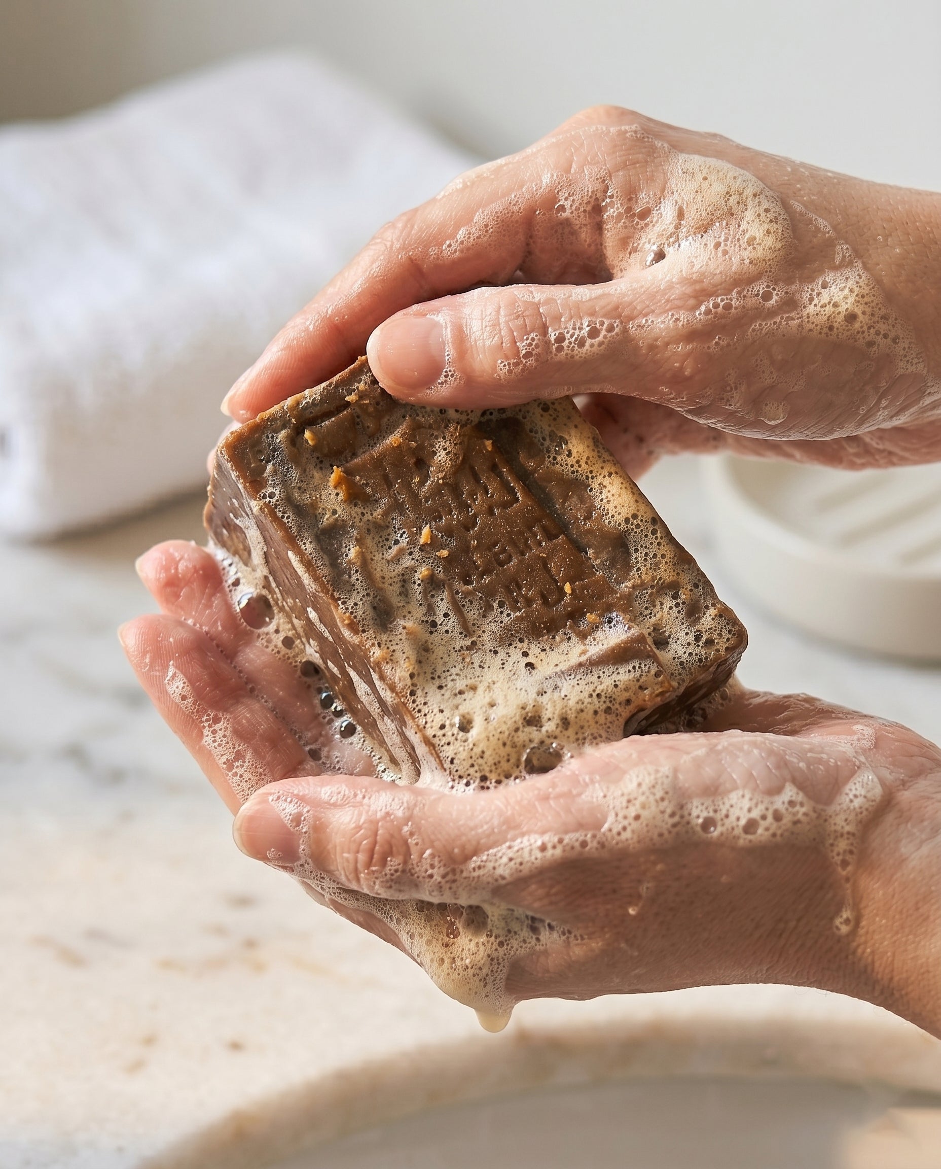 Close-up of wet hands lathering Avlia 75% Laurel Oil Aleppo Soap bar, thick creamy off-white foam covering palms and fingers, Arabic stamp partially visible through lather, natural light bathroom