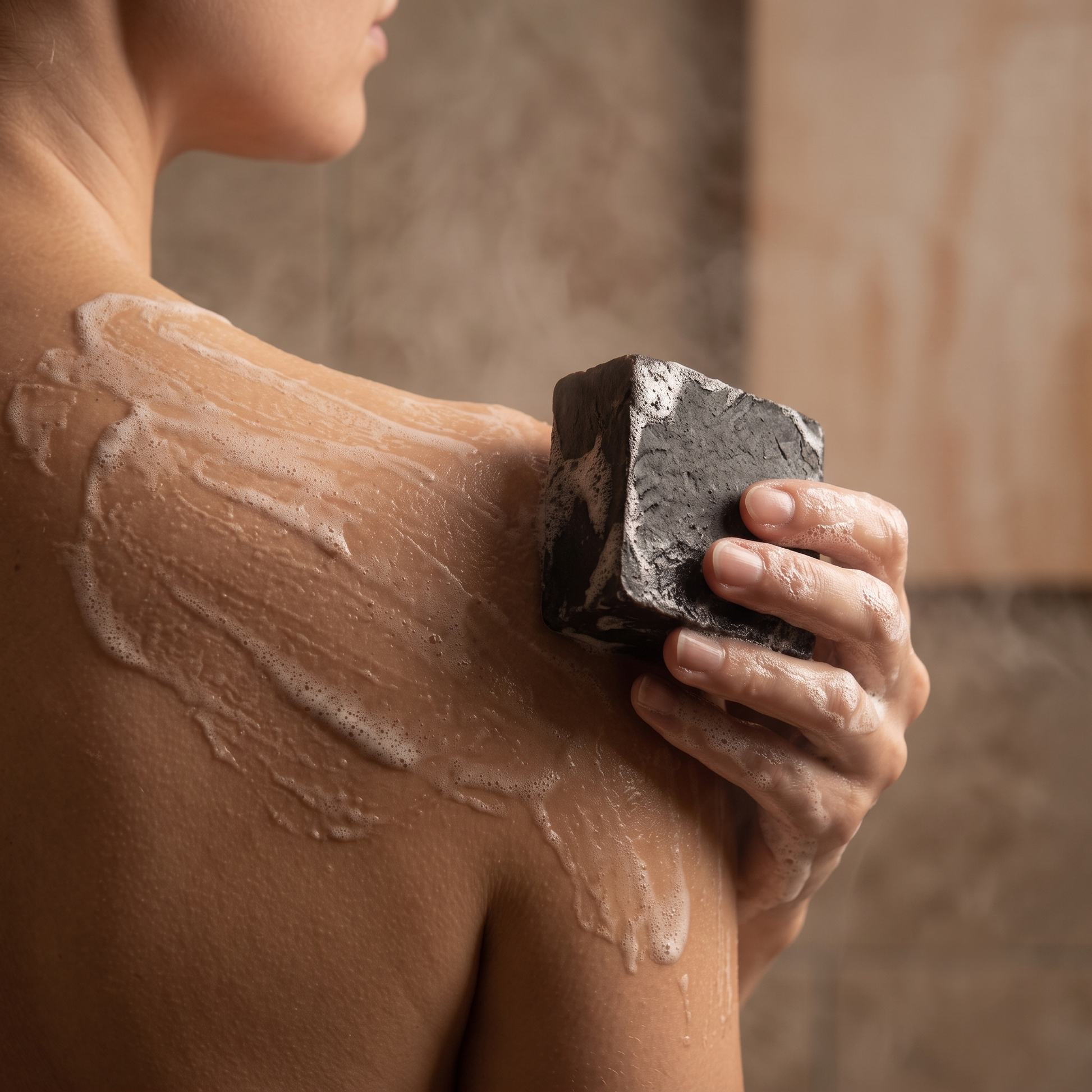 Creamy lather of Avlia Pine, Juniper Tar & Sulfur Soap on shoulders — deep-cleansing natural soap bar for body care and oily skin