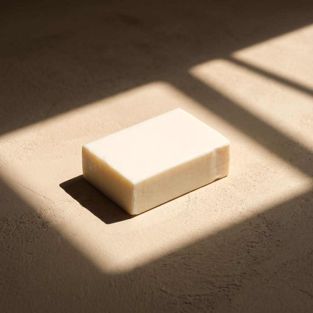 Donkey Milk Soap in hard afternoon sunlight on sand plaster, cut by geometric window shadows