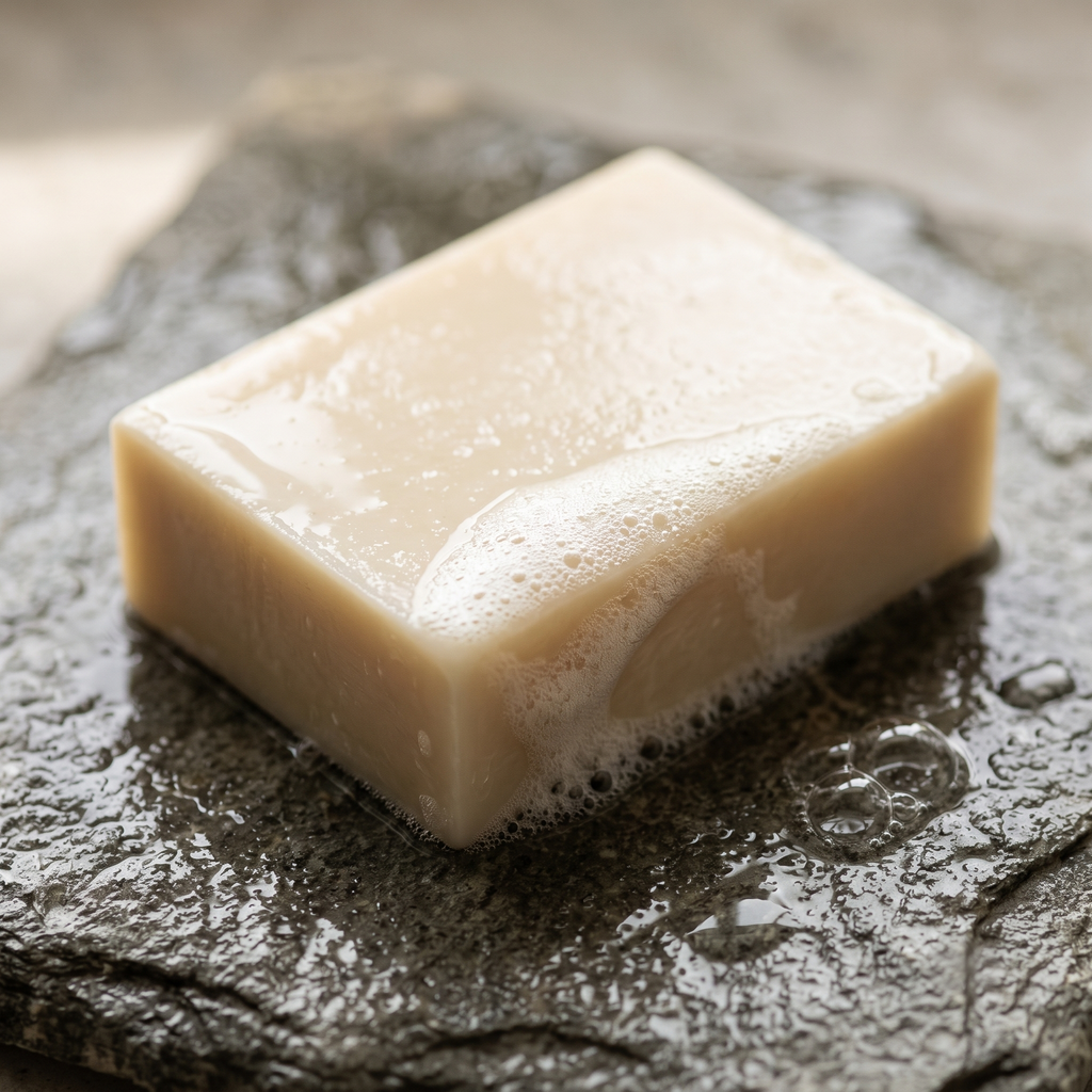 Donkey Milk Soap lathering on wet grey stone with dense white foam along one edge