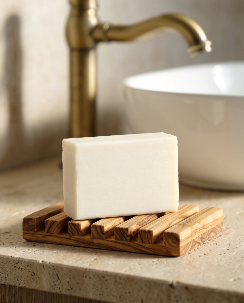 Donkey Milk Soap in an olive wood soap dish on a stone vanity beside an aged brass tap