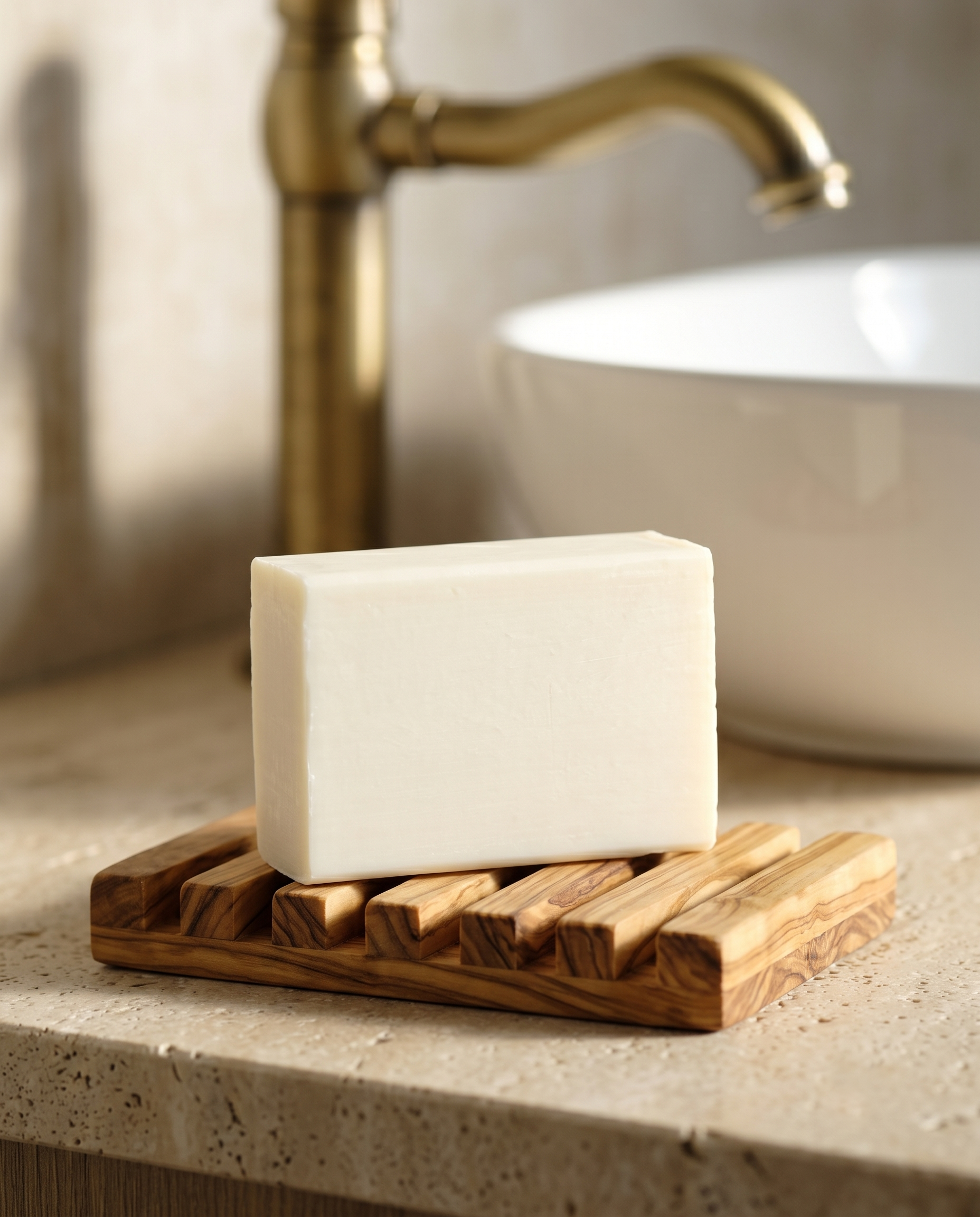 Donkey Milk Soap in an olive wood soap dish on a stone vanity beside an aged brass tap