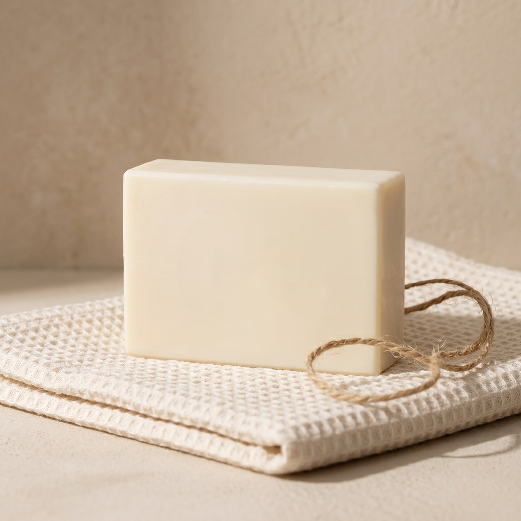 Donkey Milk Soap on a folded cotton waffle towel with a loop of jute twine, styled as a gift