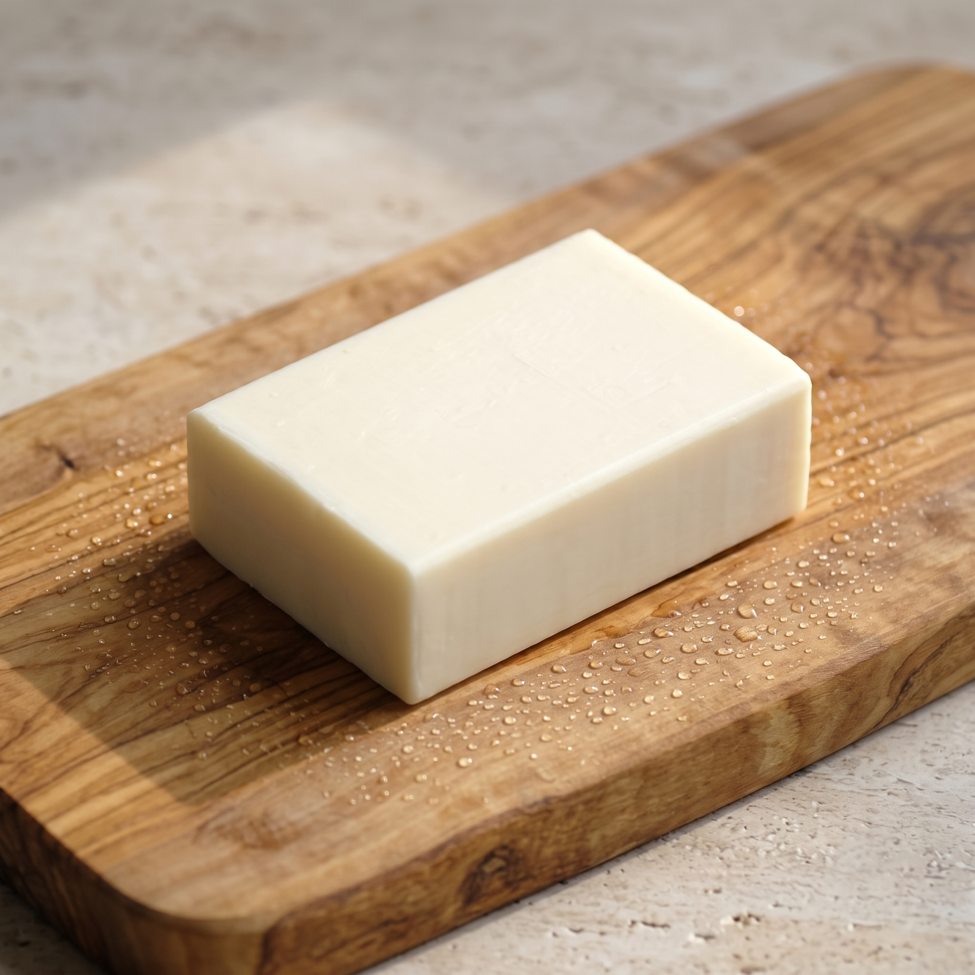 Donkey Milk Soap on a rustic olive wood board with water droplets across the grain