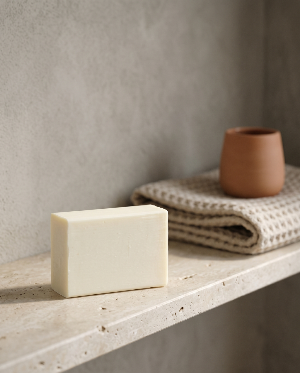 Donkey Milk Soap on a stone bathroom shelf beside a folded waffle cotton towel
