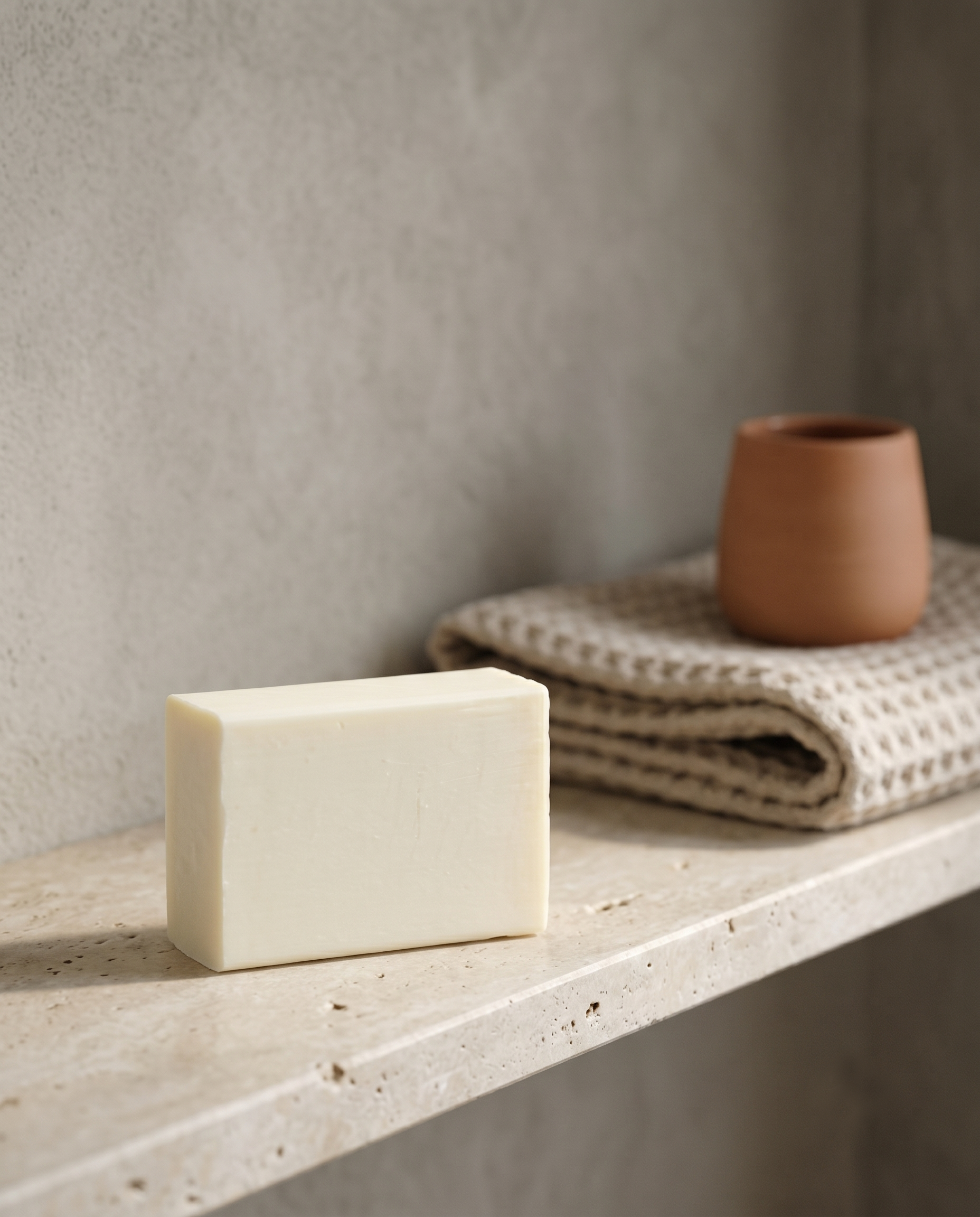 Donkey Milk Soap on a stone bathroom shelf beside a folded waffle cotton towel