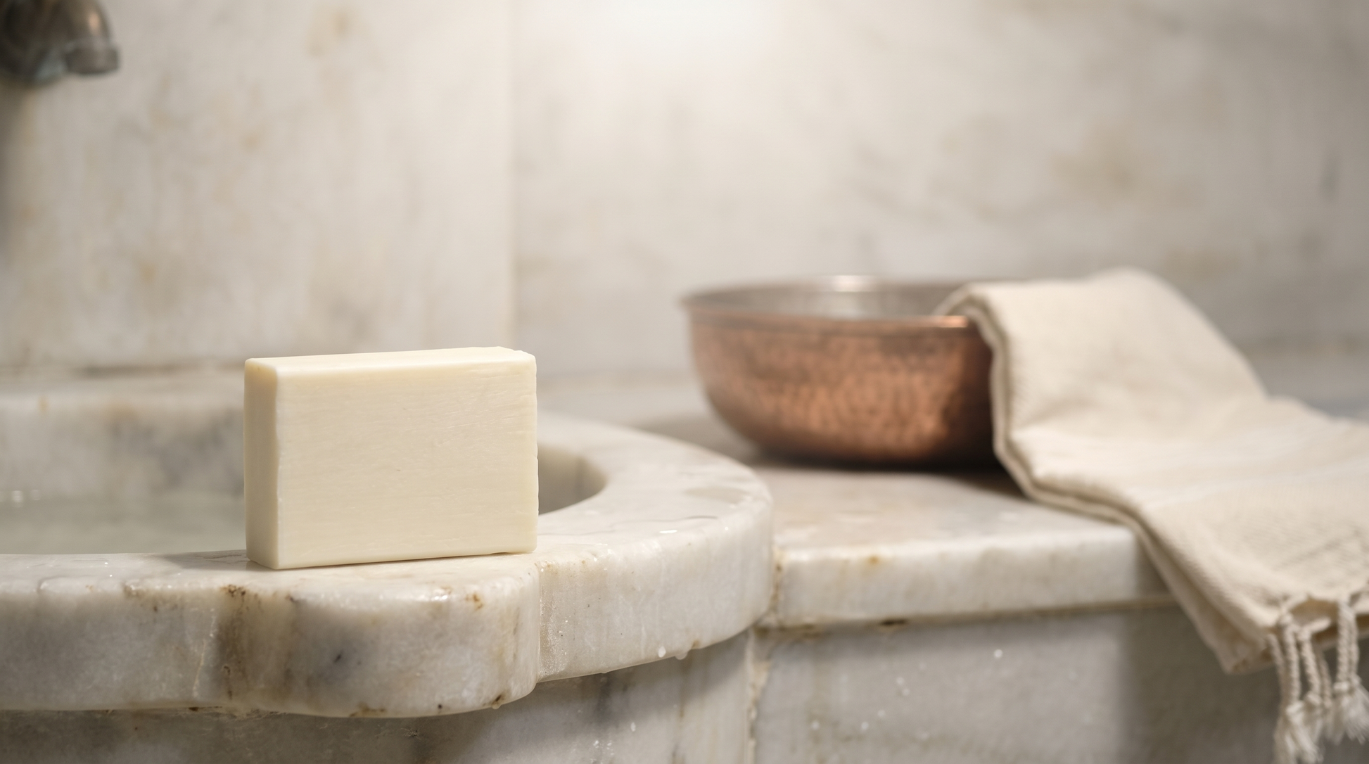 Donkey Milk Soap on the marble edge of a Turkish hammam basin with a hammered copper bowl