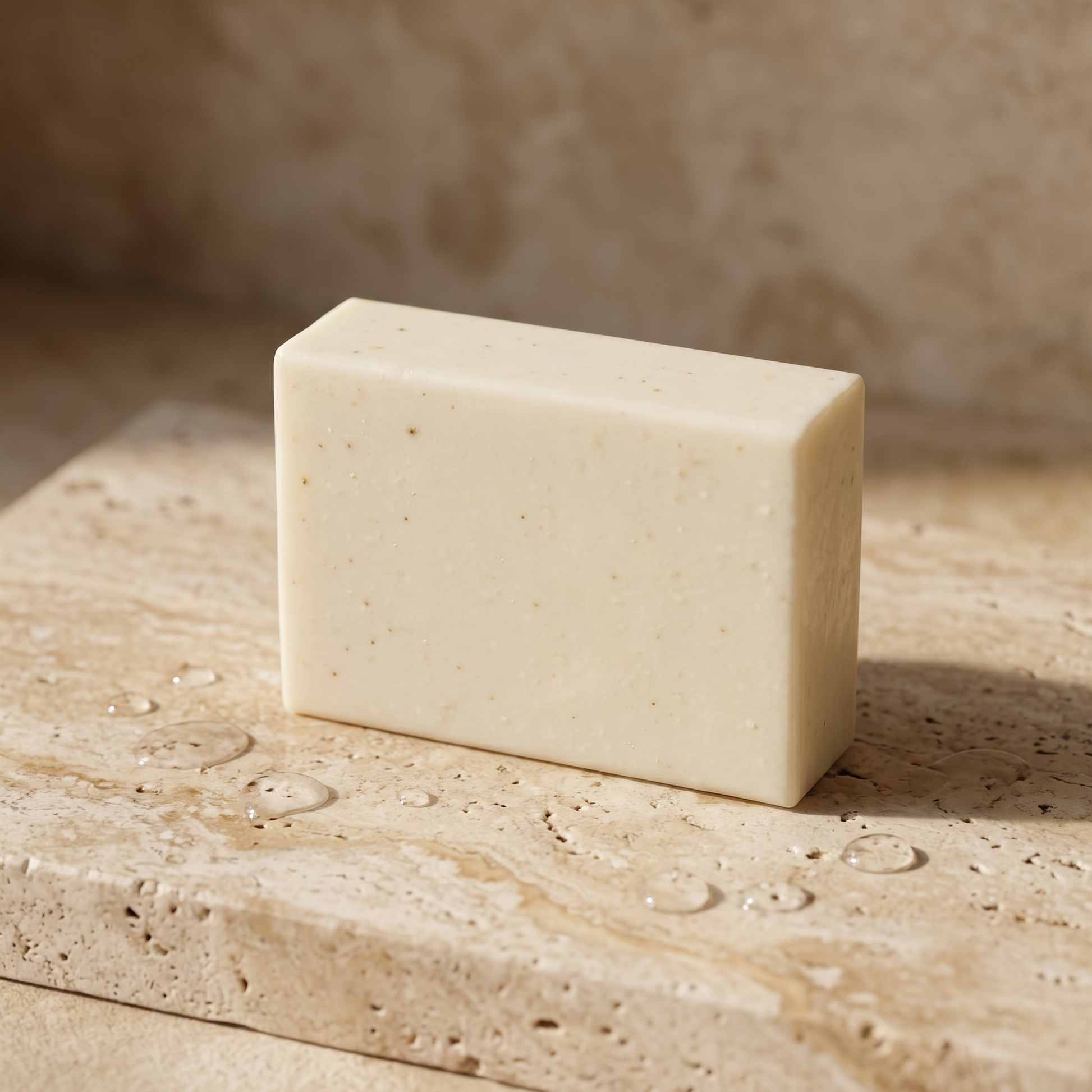 Donkey Milk Soap resting on a travertine stone slab scattered with water droplets