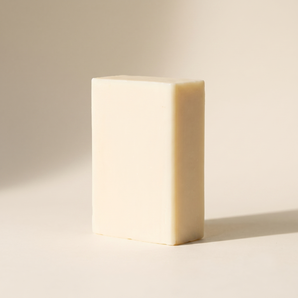 Donkey Milk Soap standing on edge against a warm off-white backdrop, showing its hand-cut thickness