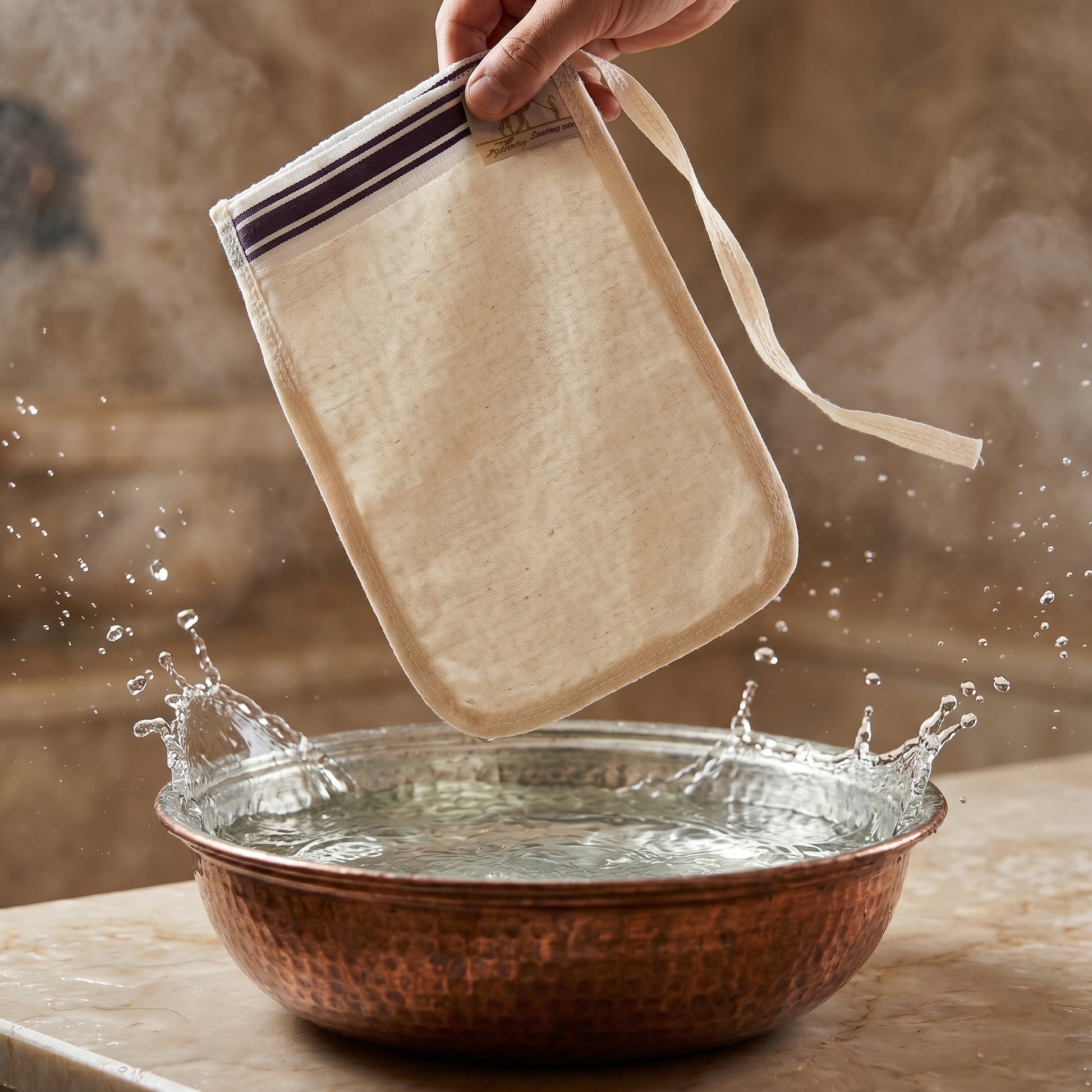 Dynamic action product photograph a thin rectangular cream Turkish krep kese exfoliating mitt with softly rounded oval bottom corners being held above a copper hammam bowl filled with clear water